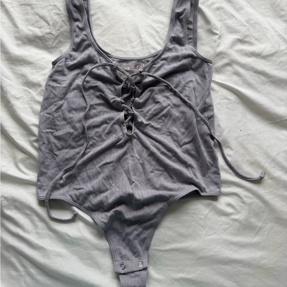 Elegant Gray Lace-Up Bodysuit